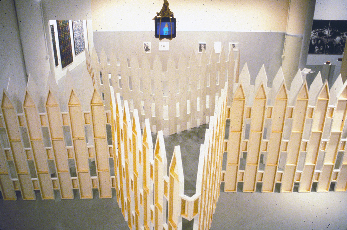 "Captive Audience" (exterior view from above), 1995-96, 320 stretched canvases, video, rope, photogaphs and text, 6'5" x 24' in diameter.