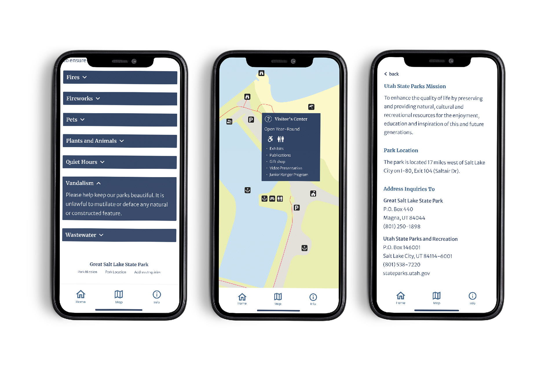 Info and Map page designs from The Great Salt Lake State Park Digital Brochure