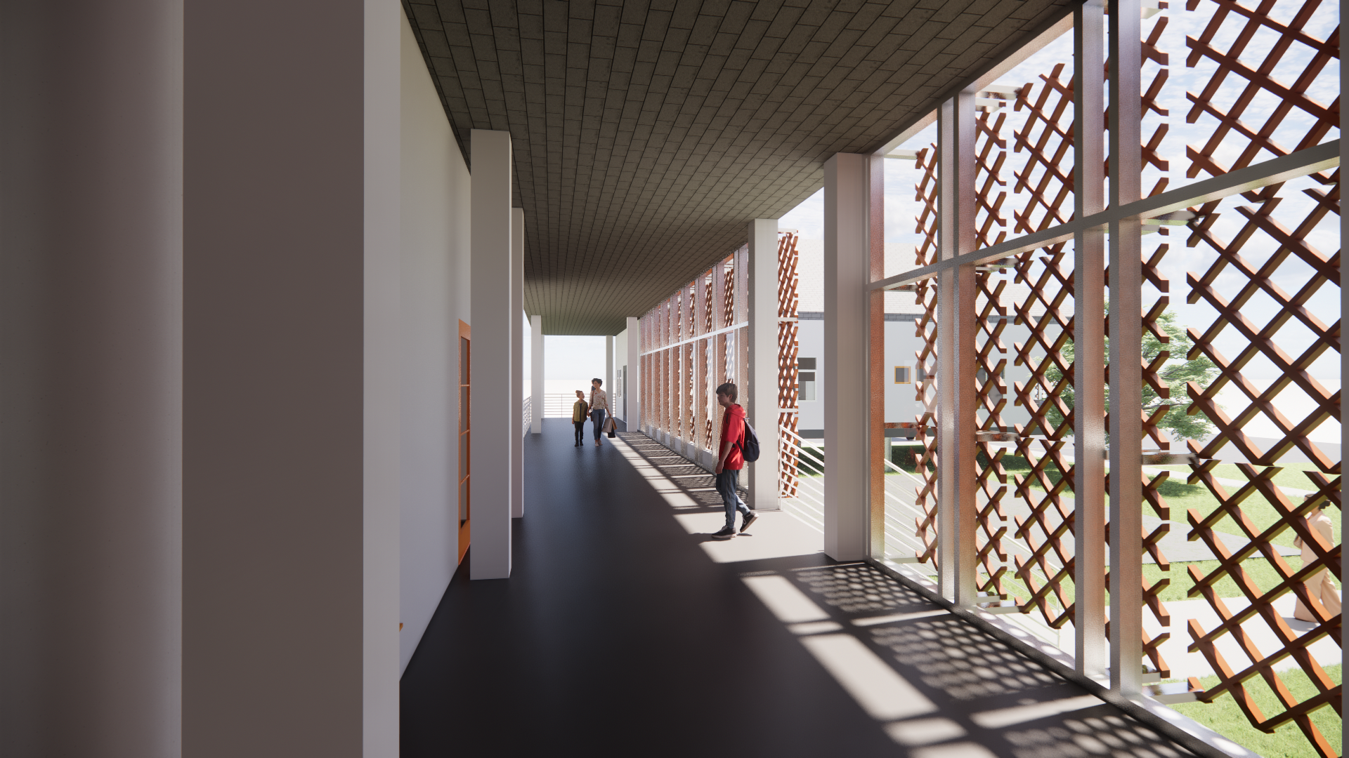 The shading screen restricts the amount of light in the corridor. Therefore, there are more shaded areas.