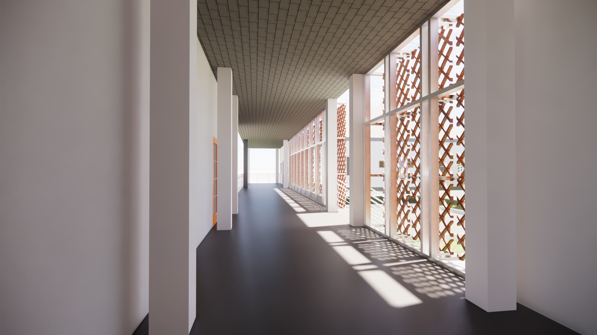 The hallway connection between the offices and classrooms.