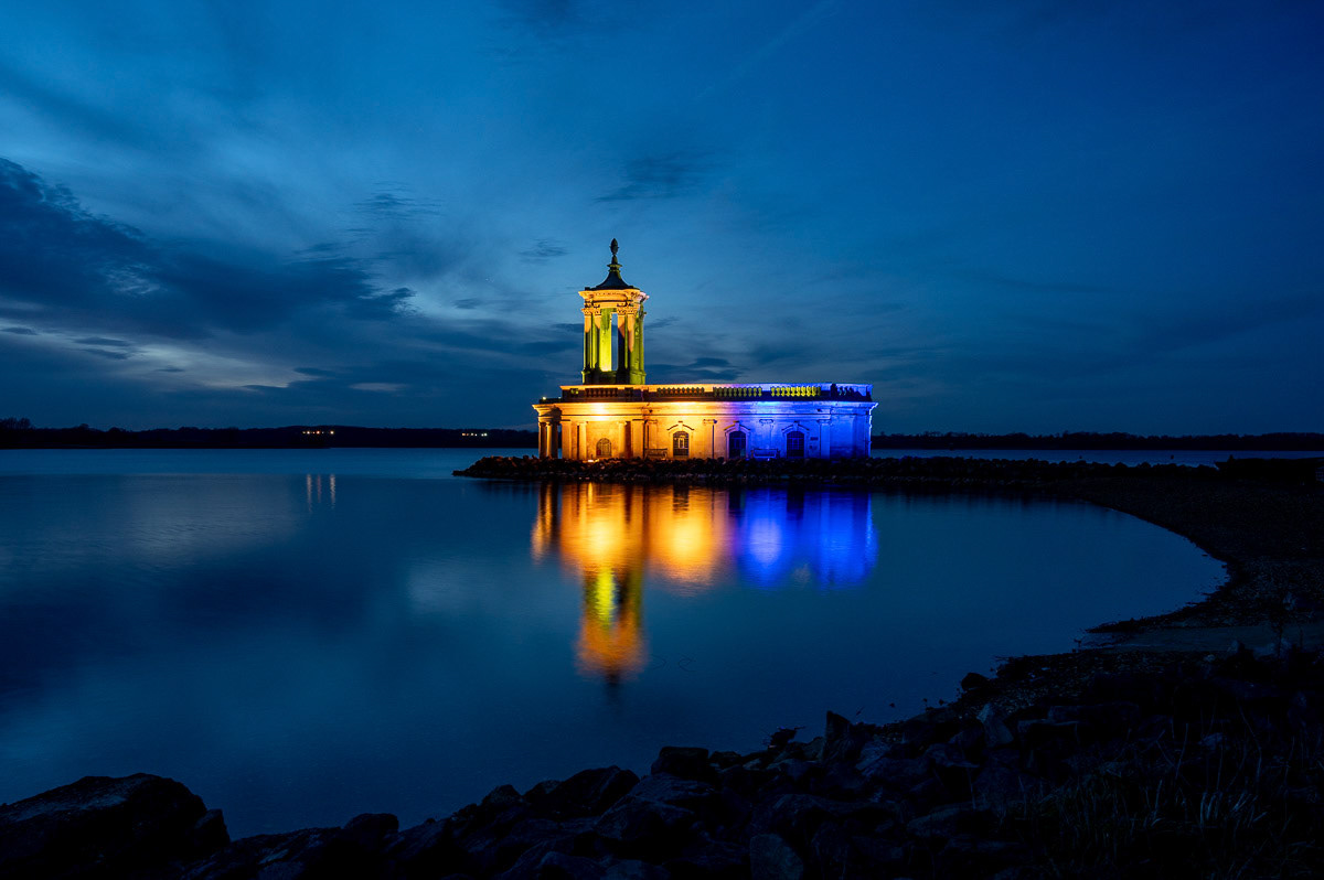 Normanton Church Flood lit for Ukraine March 2022