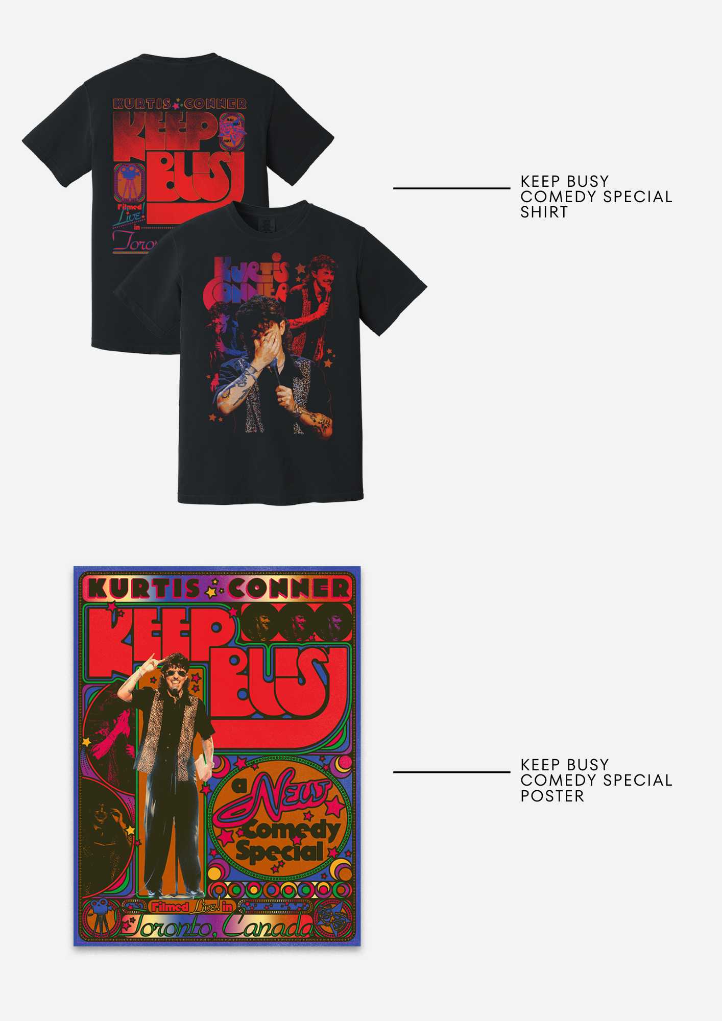 PHOTOGRAPHY ON KURTIS CONNER'S "KEEP BUSY COMEDY SPECIAL" MERCH 2023 - DESIGN BY KEL LAUREN