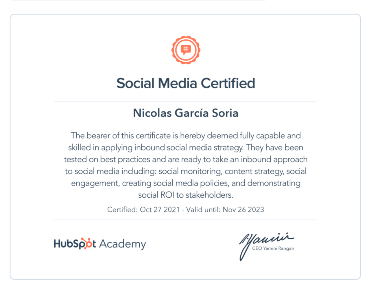 Certificado en Marketing Digital, completado en Hubspot