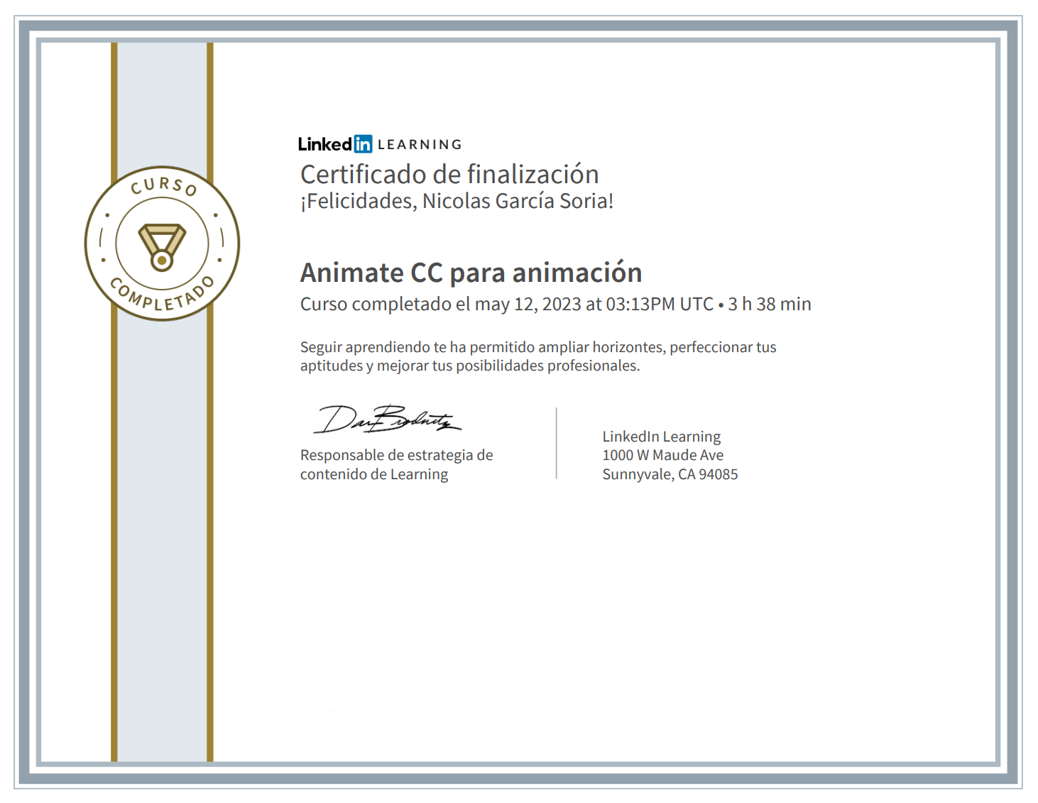 Certificado en Adobe Animate, completado en LinkedIn