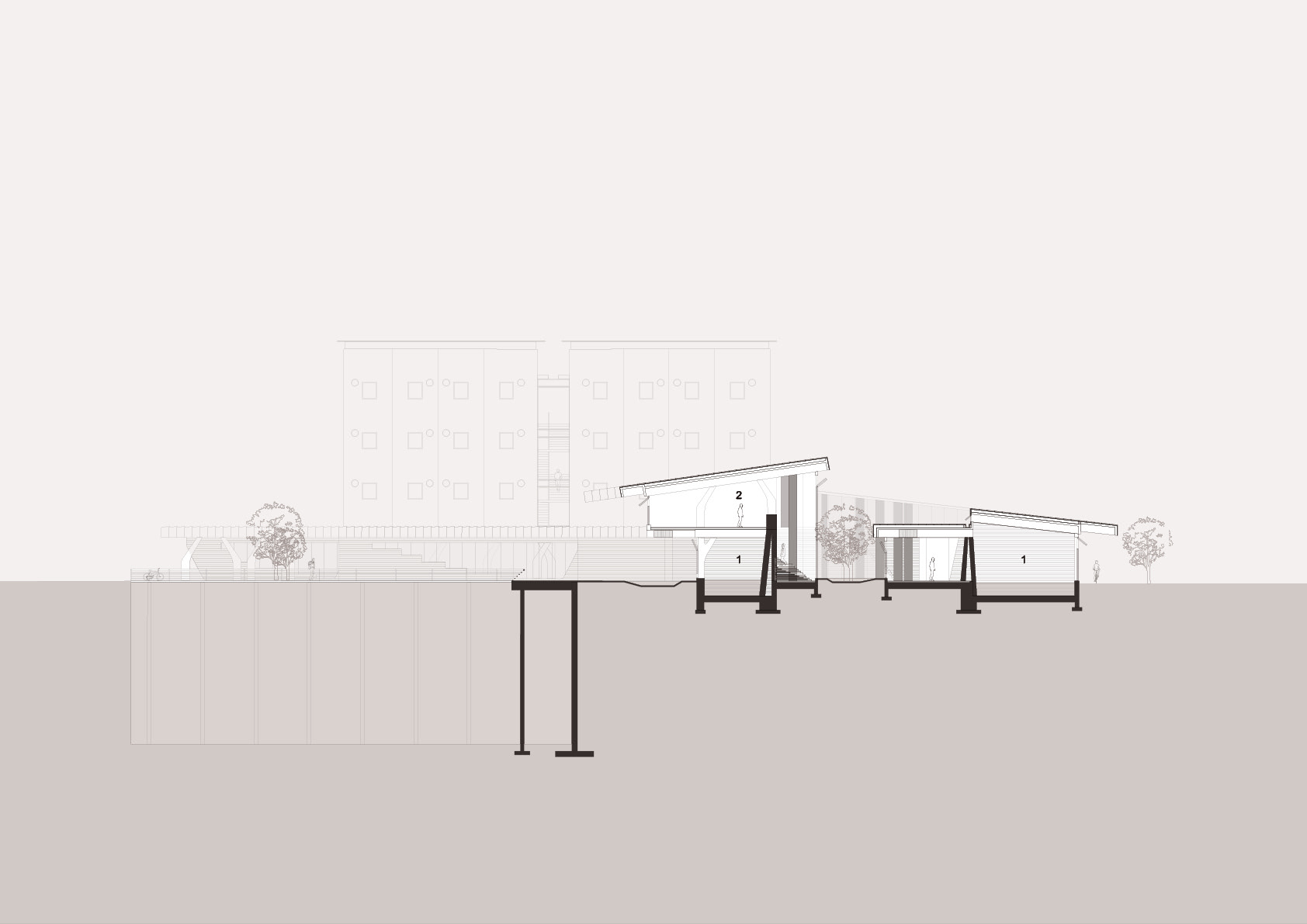 Section showing the main programme of the building