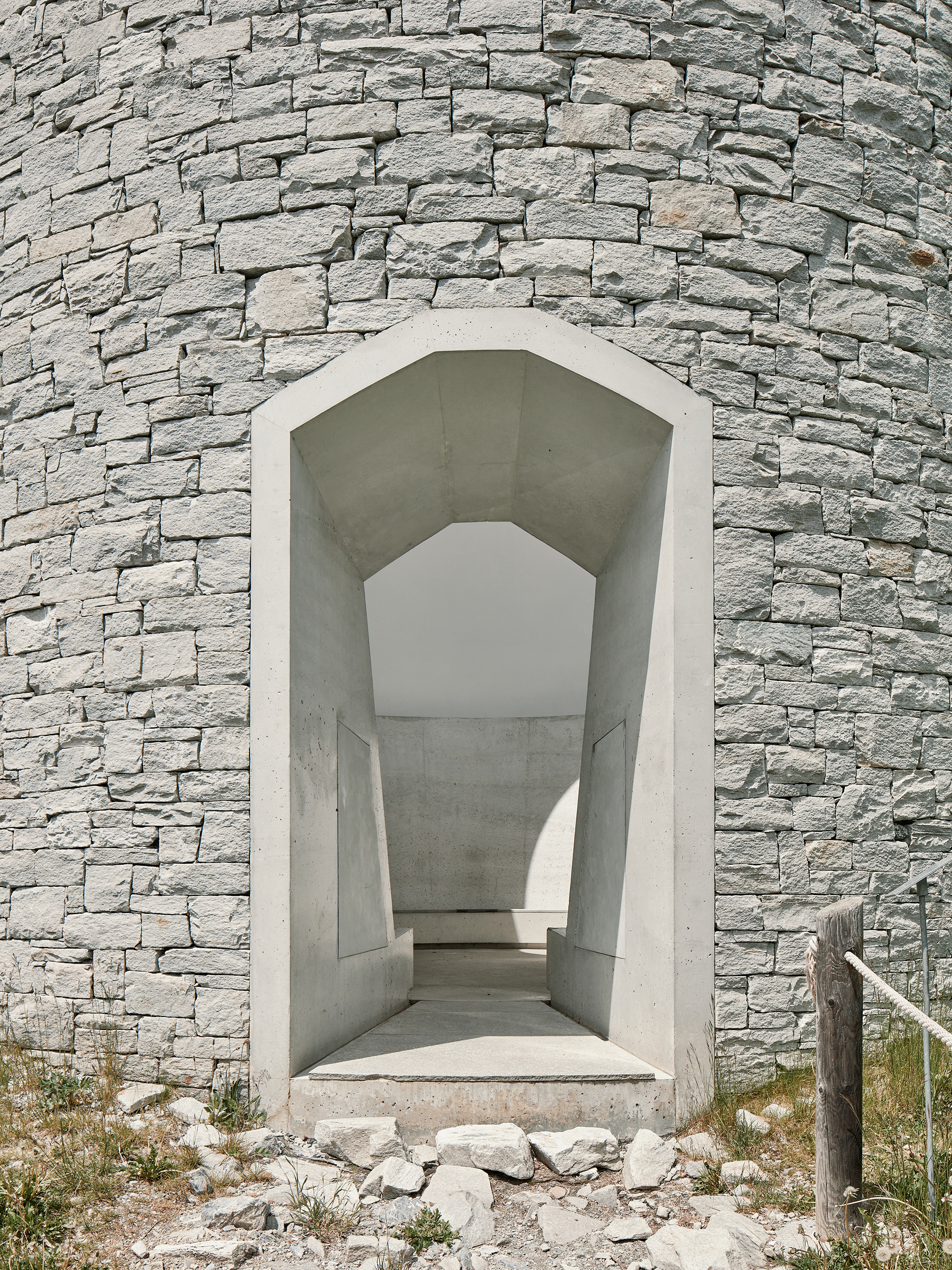 Close up of the entry to James Turrell's Skyspace next to Hotel Castell in Zuoz, Switzerland.