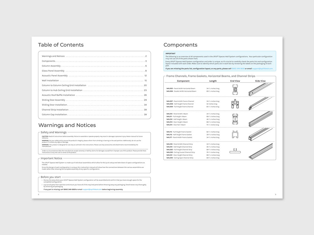 Table of Contents, Warnings and Components page