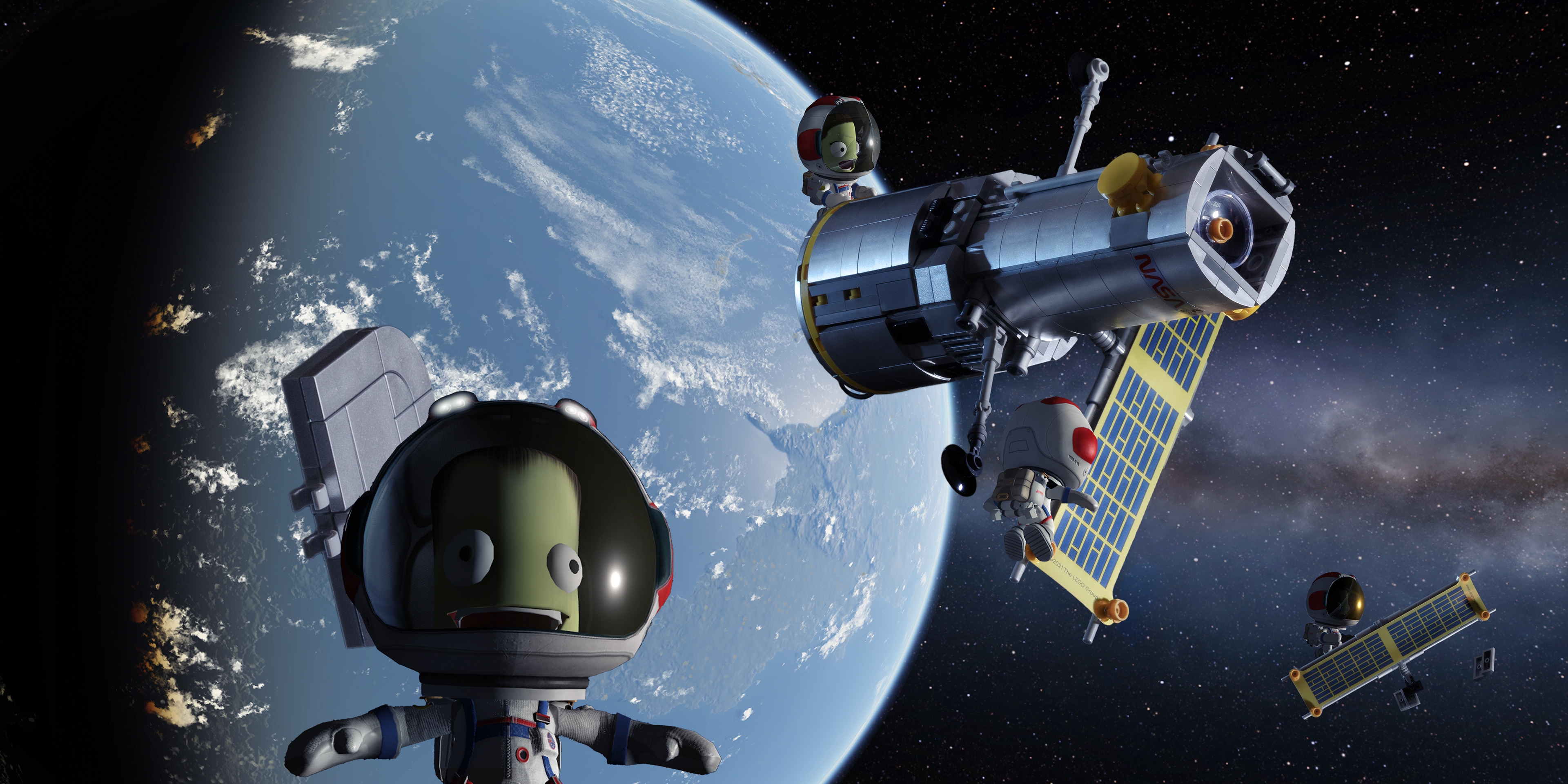 Une équipe d'ingénieurs Kerbonautes réparent le télescope Légo Hubble en EVA