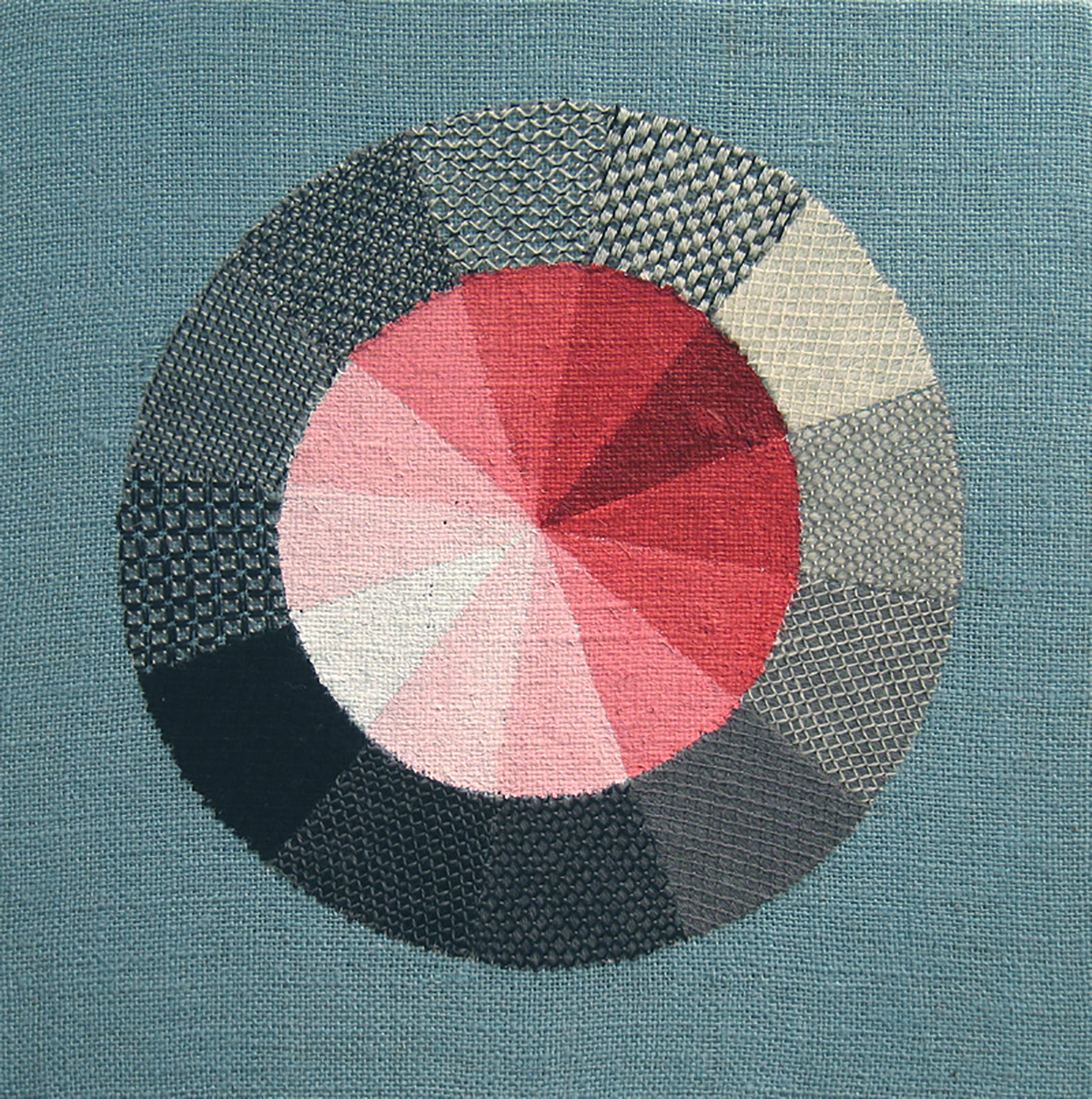 Mono Wheel, 2007, 20 x 20 inches, hand-embroidery in wool on jute