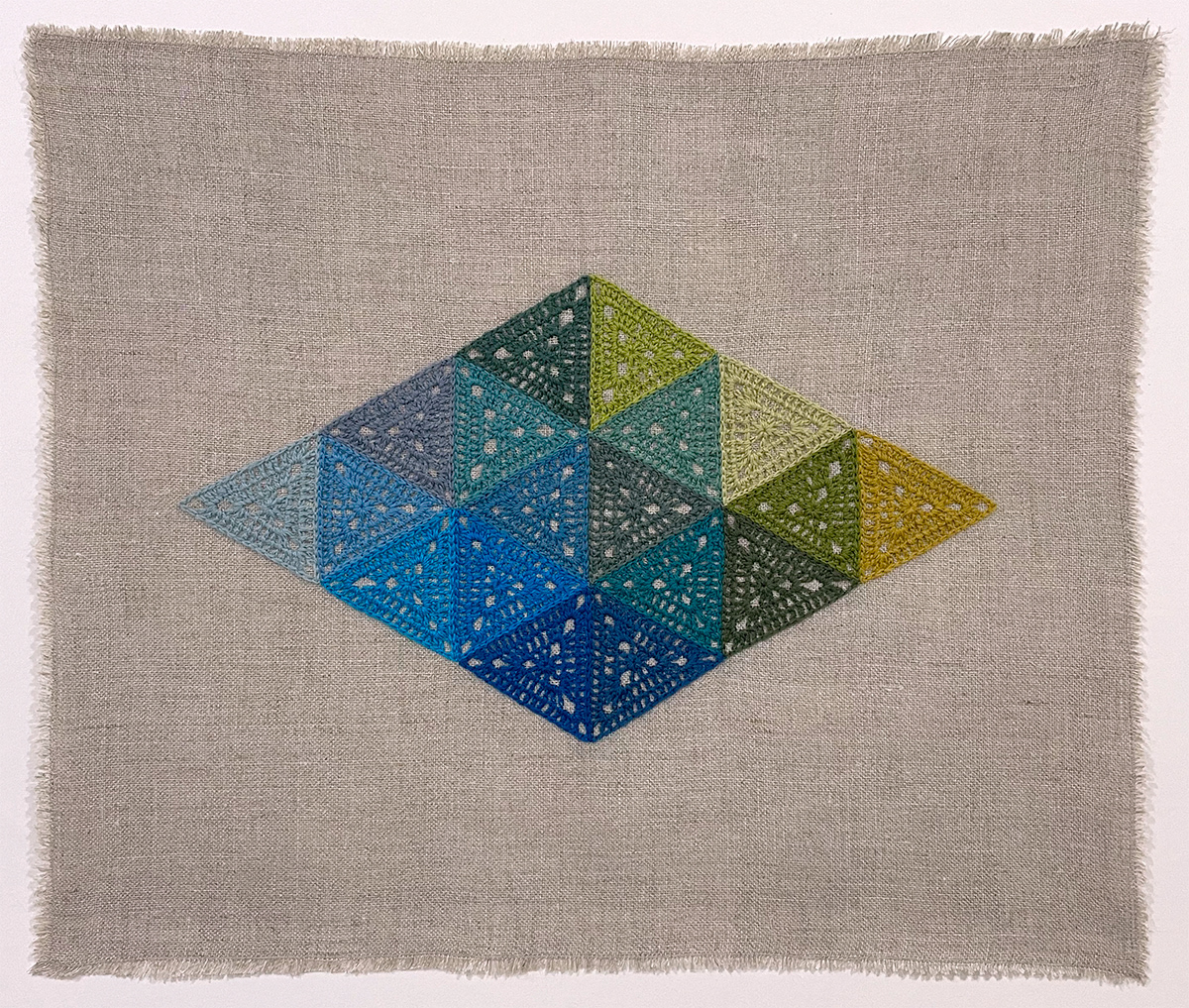 Hemp Leafs (Green-Blue), 2021, 18 x 22 inches, wool embroidery on linen