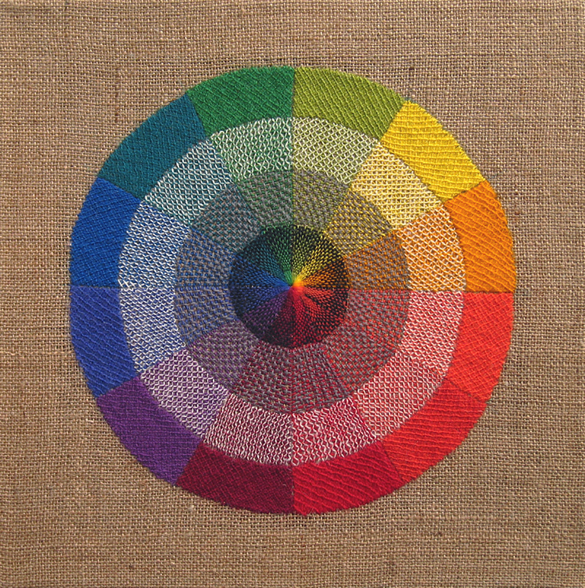 Color Wheel, 2007, 20 x 20 inches, hand-embroidery in wool on jute