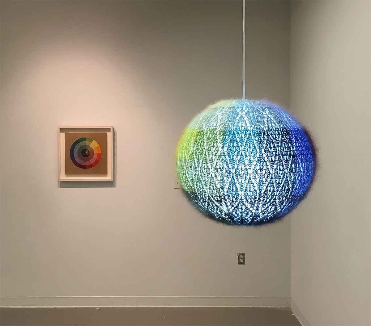 Farbenkugel #2, 2016, 16 inches diameter, hand-knitted mohair w/ lamp