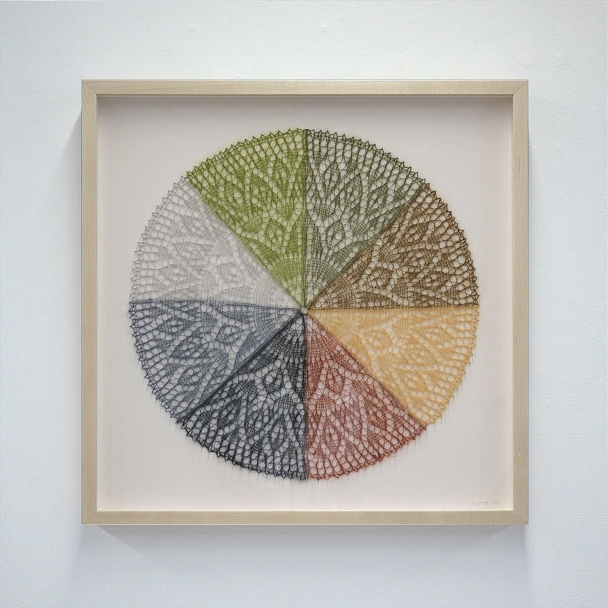 Untitled (Mohair Color Wheel), 2015, 24 x 24 inches, hand-knitted mohair (framed)