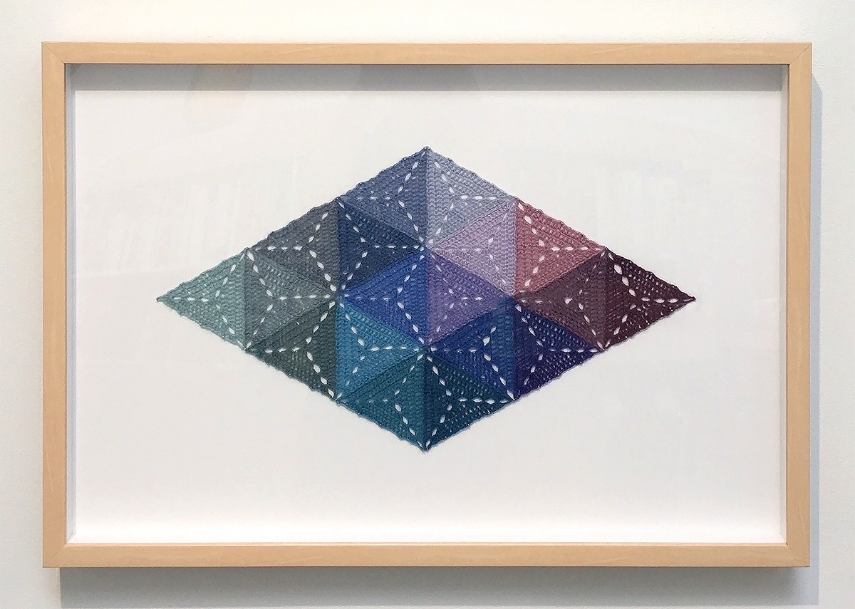 Hue Shift Triangles: Green-Blue-Violet, 2017, 18 x 26 inches, hand-crocheted wool (framed)