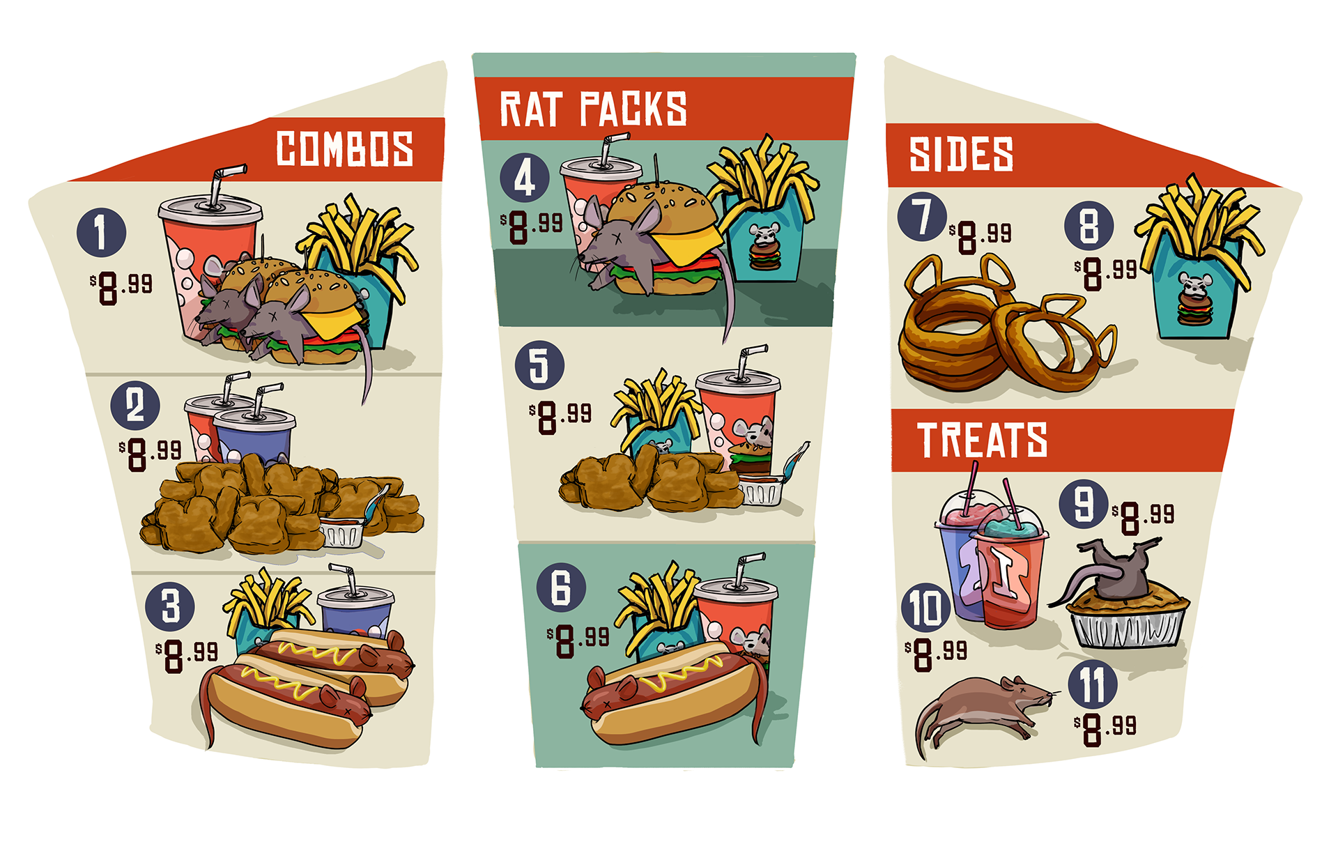 Menu design textured on model, Photoshop and Maya, 2020