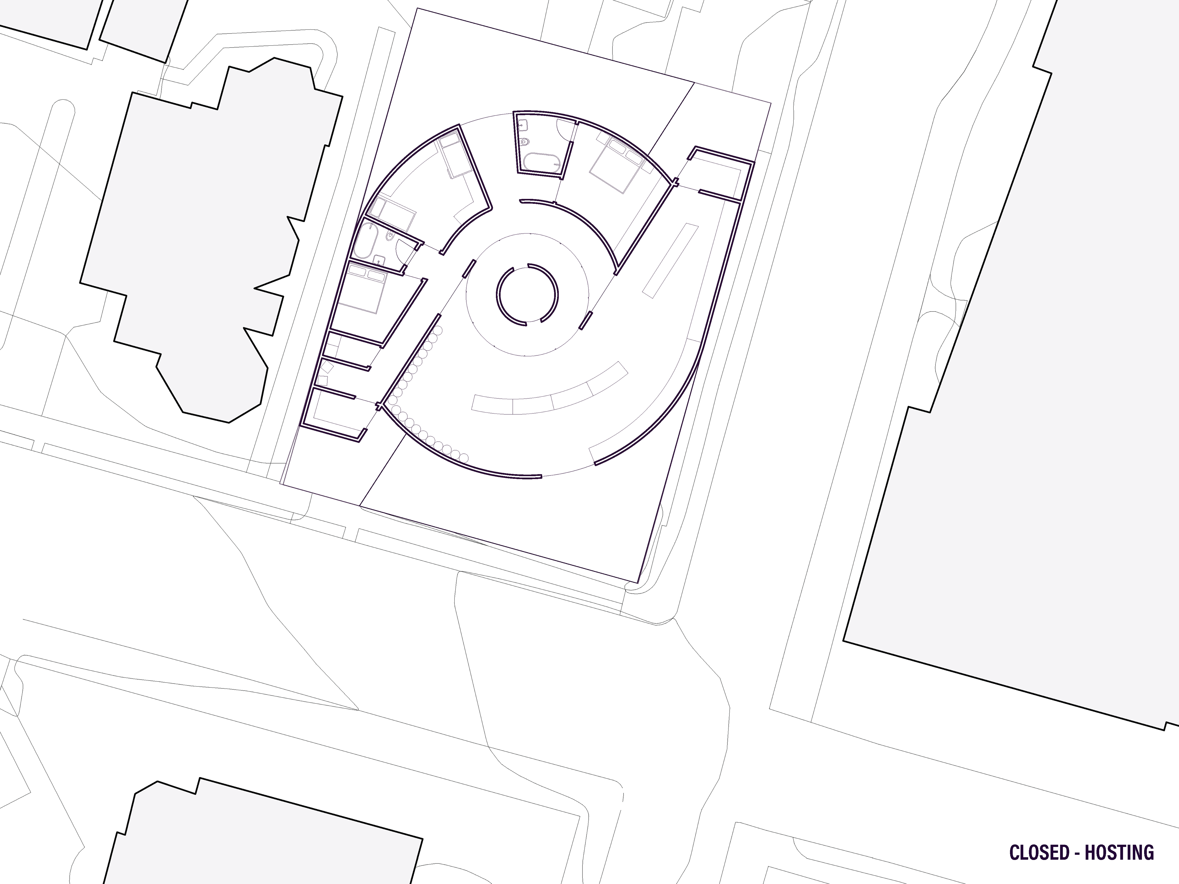 Returning to the swept earth tradition, the home is shown here in the Winter, in its closed hosting state.