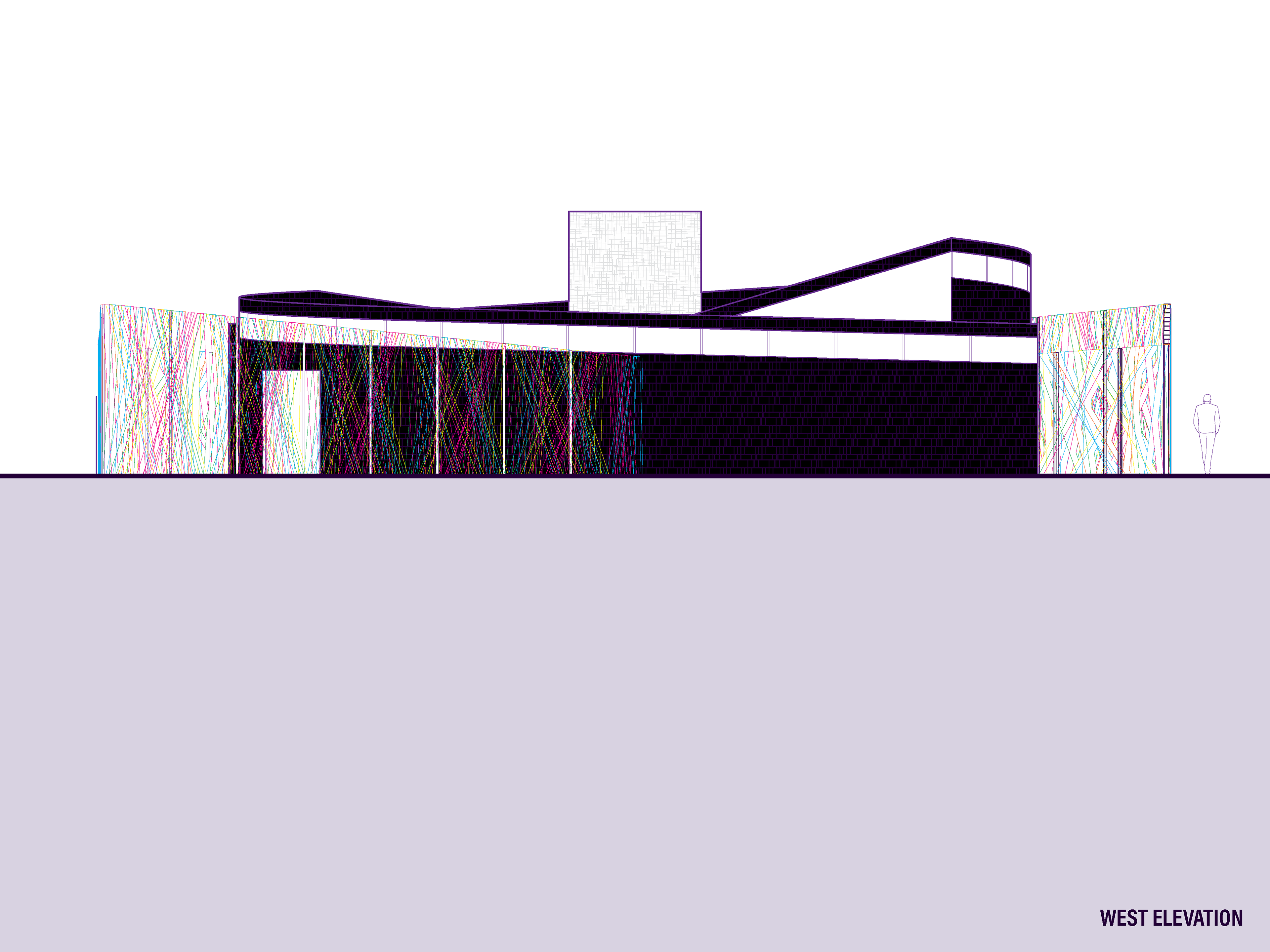 The elevations show the well as the one constant form in the Home, shrouded at different levels by the constantly moving roof forms.