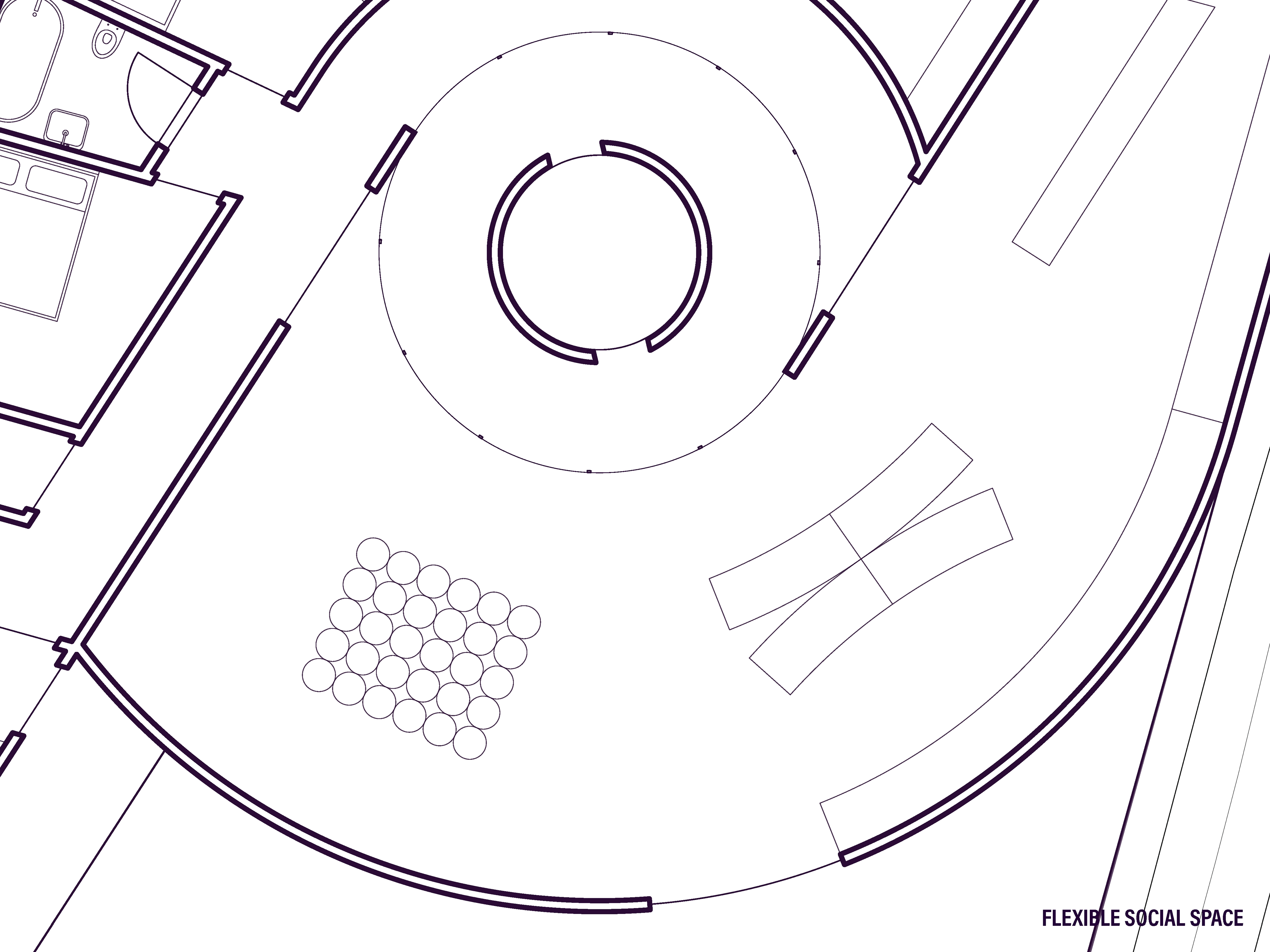 The Social space remains flexible by incorporating modular furniture