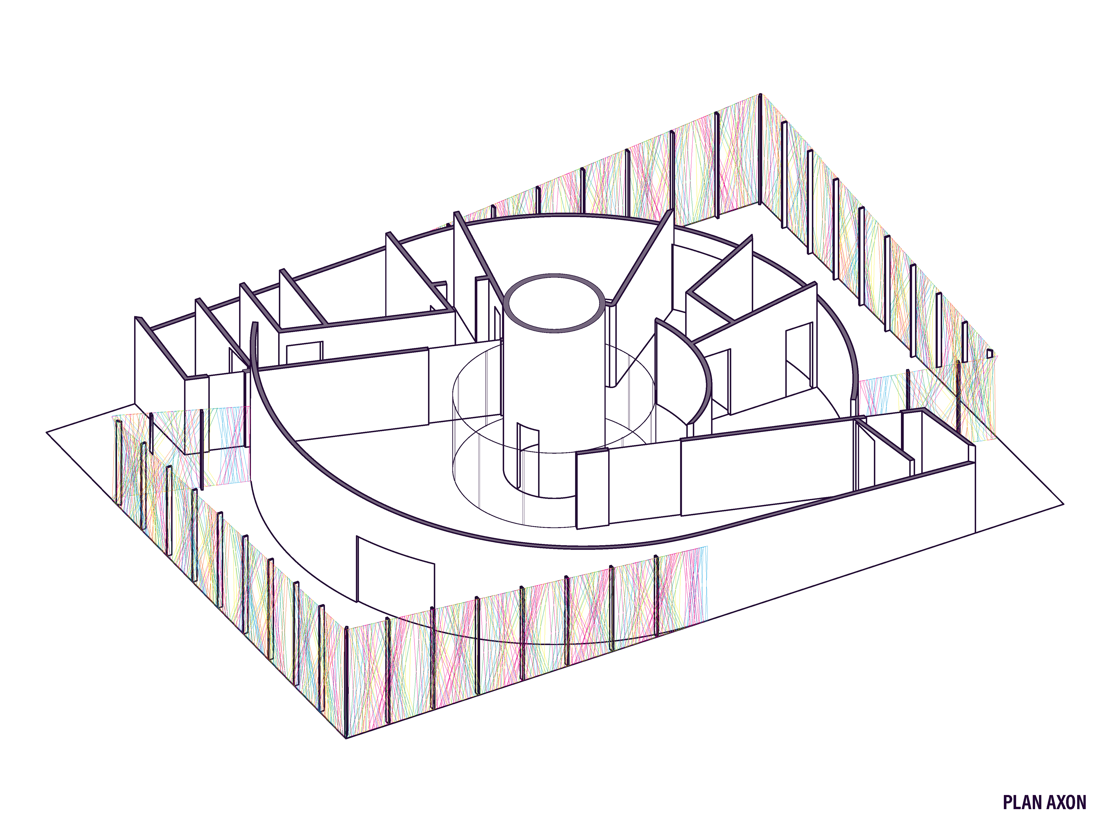 This axon shows the hollow and flexible social space in stark contrast with the compartmentalized private spaces.