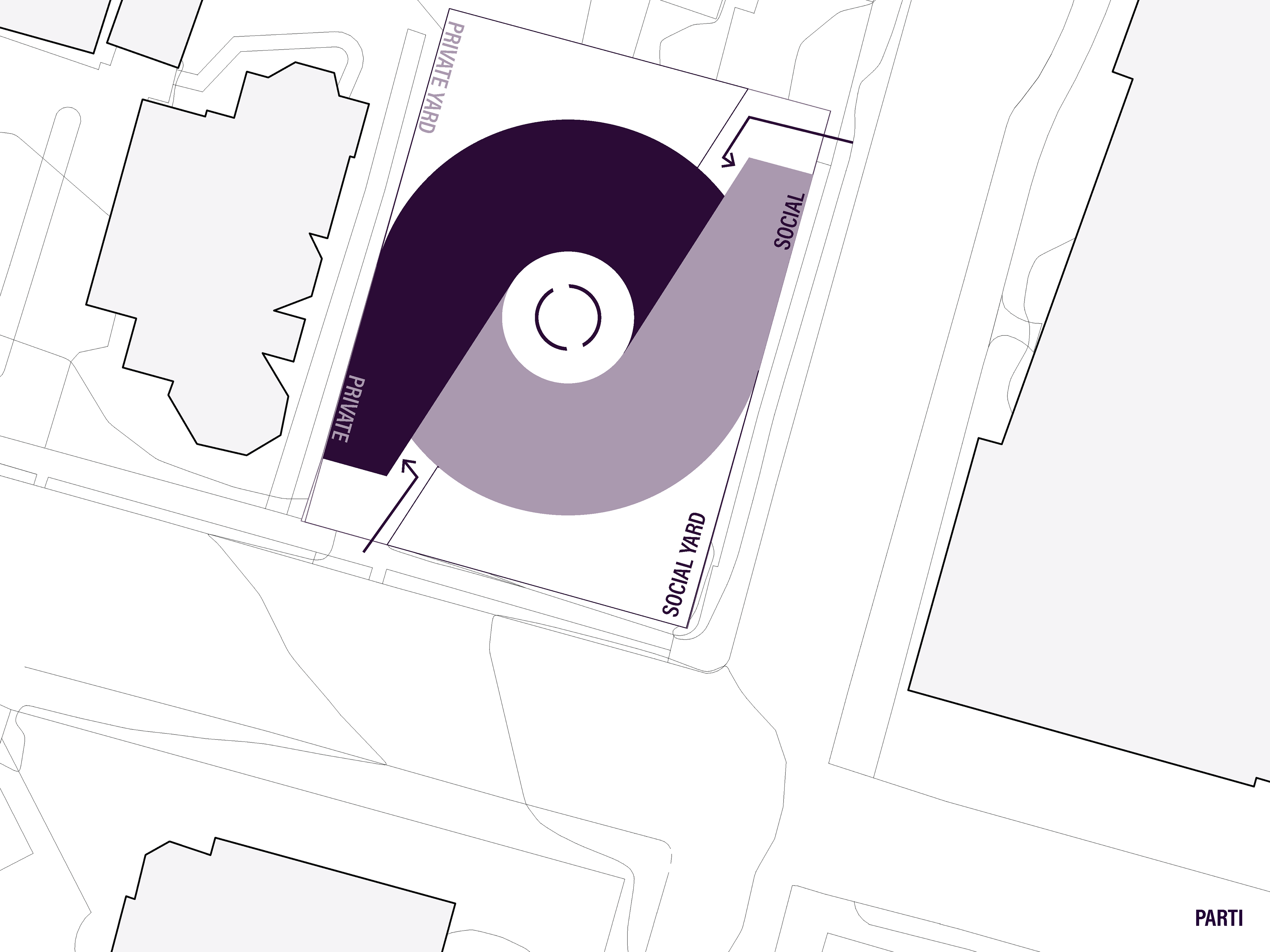 The Parti shows the use of the spirals geometry to form discreet entrances to the home.