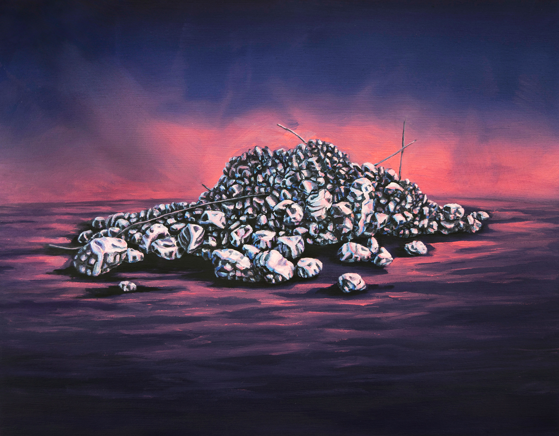 Sarah DePetris, Found Monument 20, Oil Painting on Panel of a Pile of Found Rubble in pinks, purples and blues