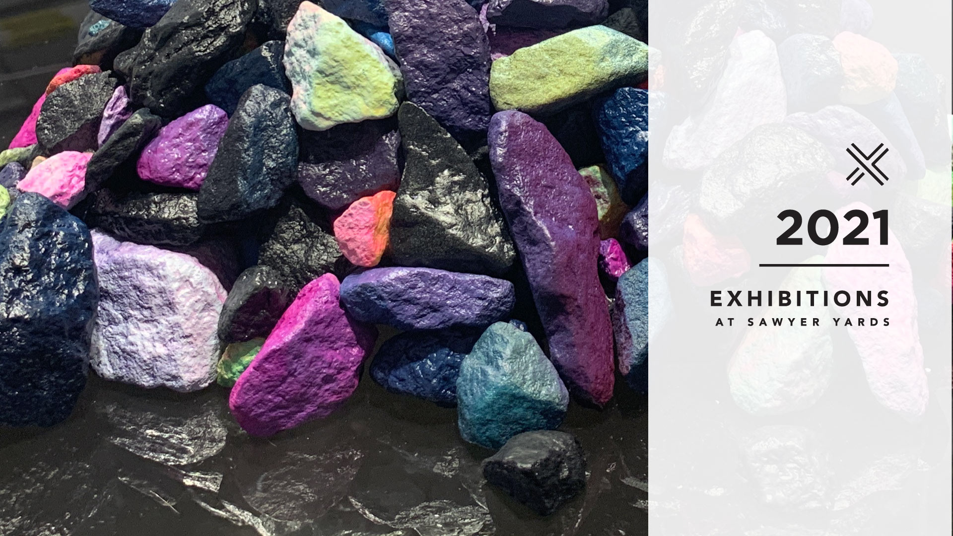tank space announcement image of 2021 exhibitions at Sawyer yards detail image of painted stone sculpture by Sarah DePetris