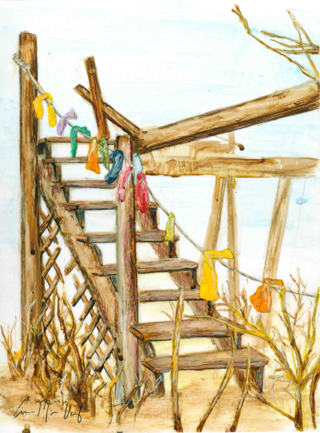 Stairs with Fabric, Watercolor, 9" x 12" 