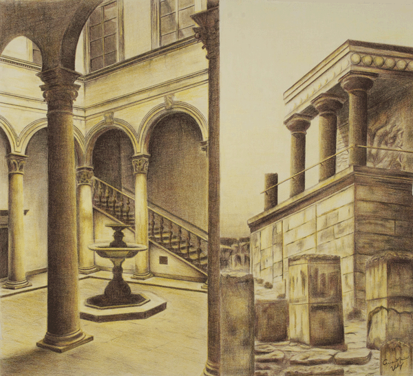 Architecture Courtyard Study, Color Pencil, 31" x 23"