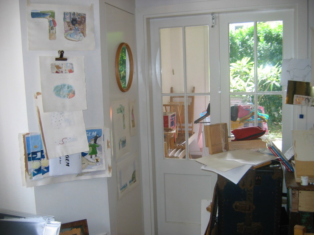 As the visual story unfolds, I tape the paintings to the walls around me so I can see how the story unfolds without the text
