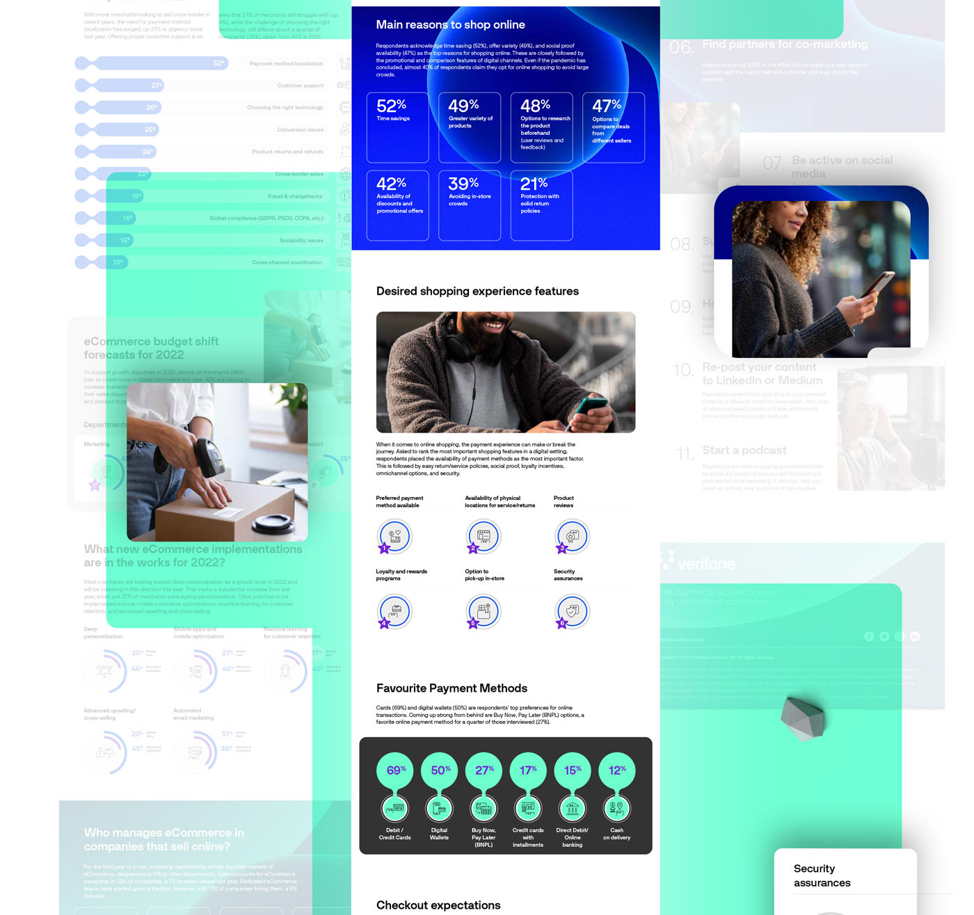 3D simulation of a tablet screen with tall layouts of infographics part 2