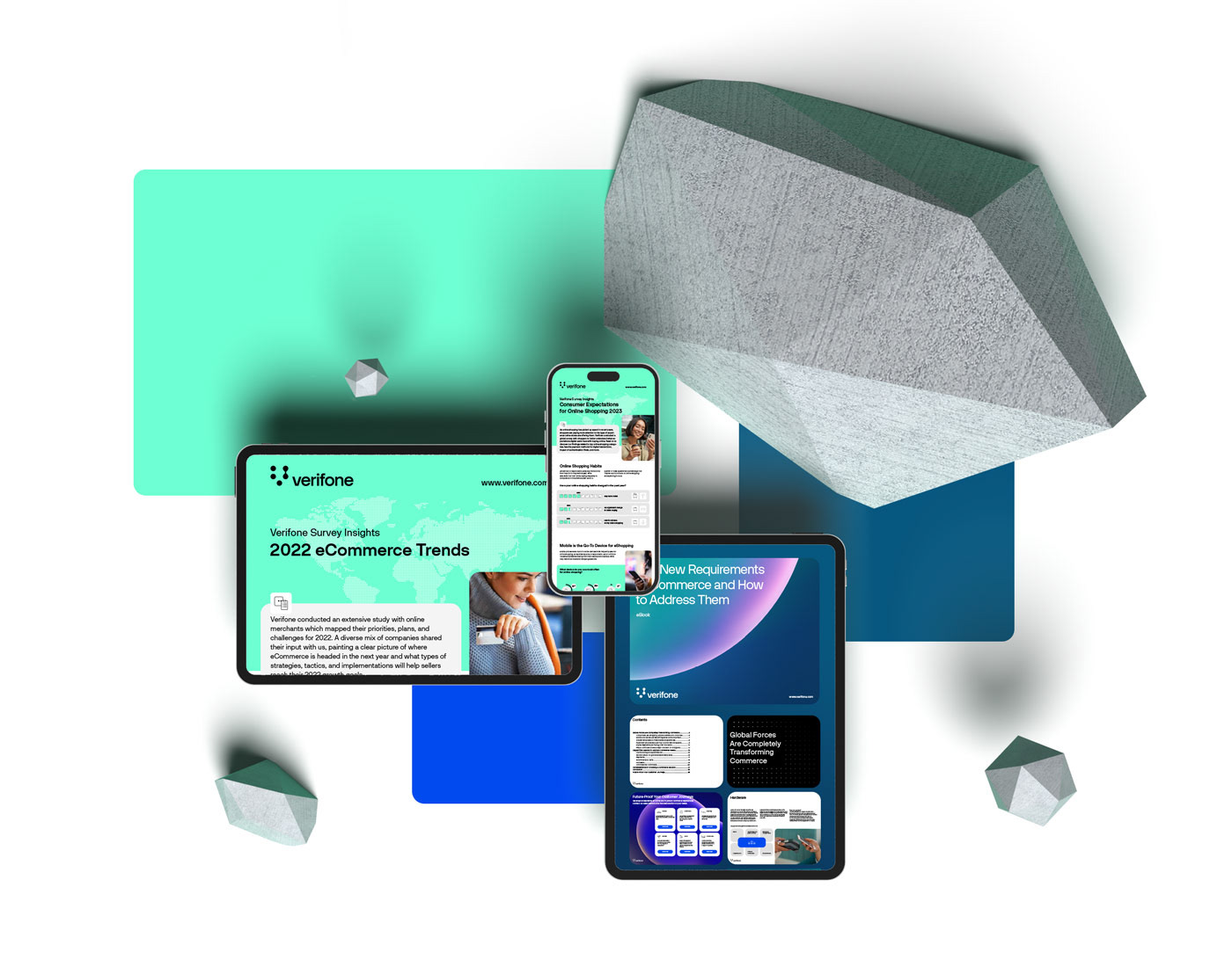 3D simulation of devices featuring pages of e-books and infographics