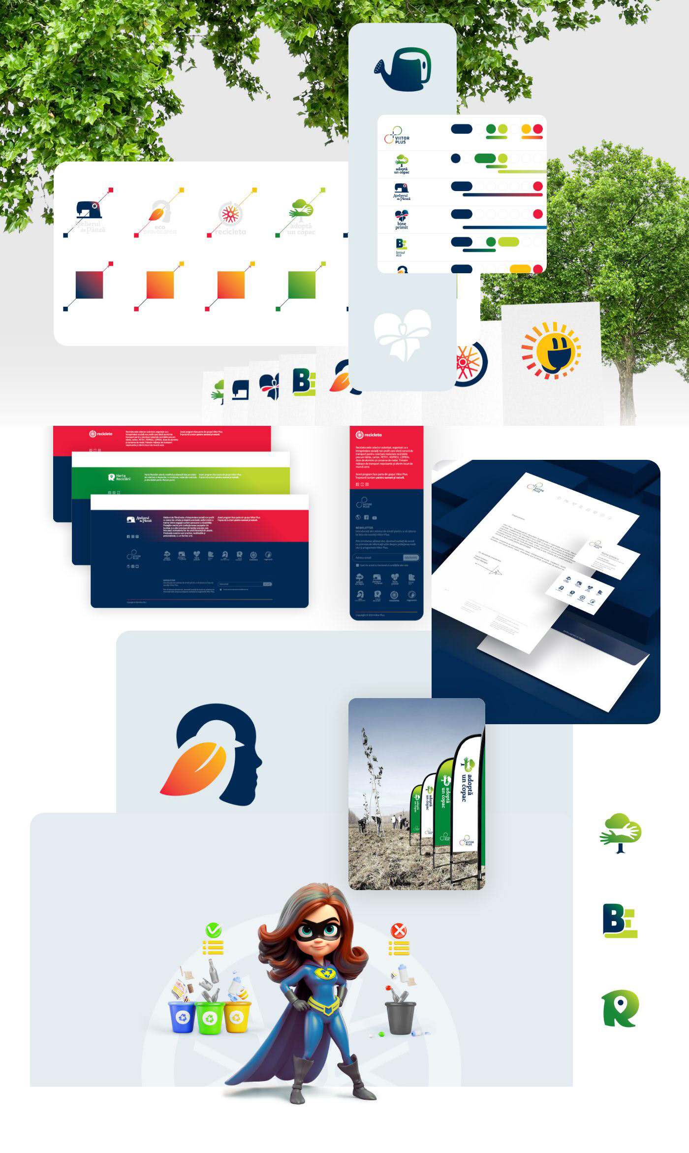 Composition detailing various branding elements of the Viitor Plus programs: website footers, flags, stationery and other visual communication