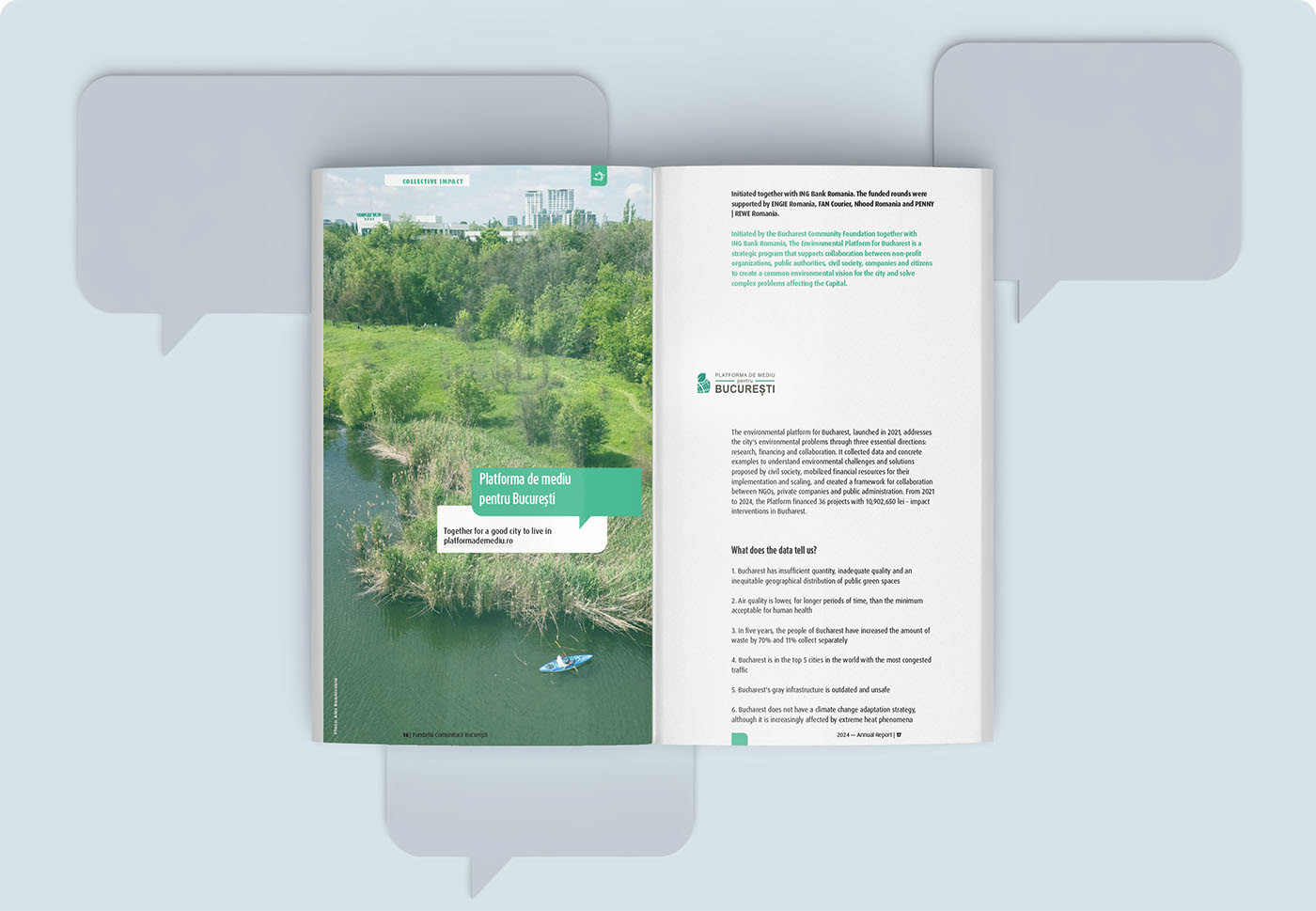 Top view, layout spread of a section of the print report