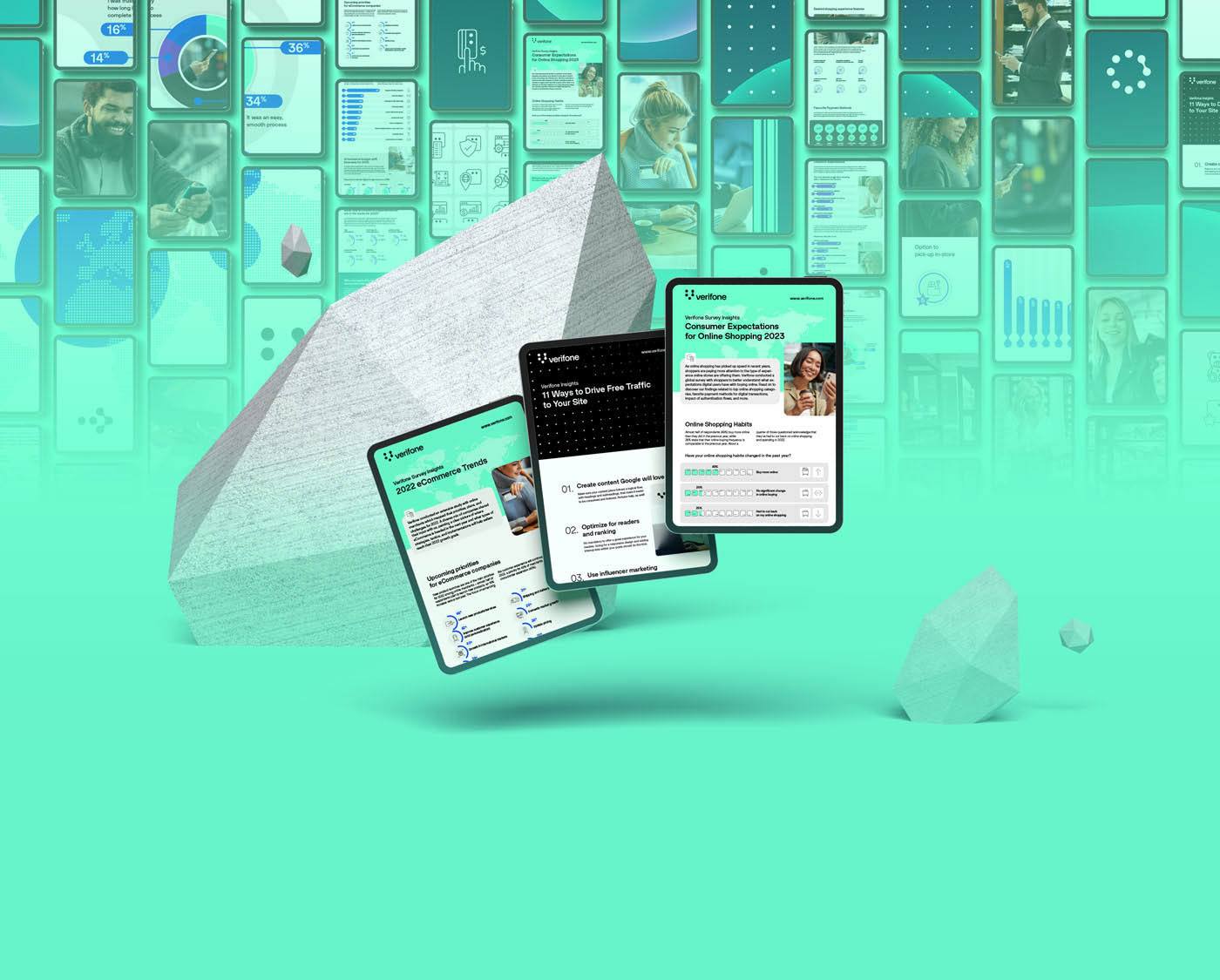 3D simulation of tablets featuring e-book and infographic design layouts