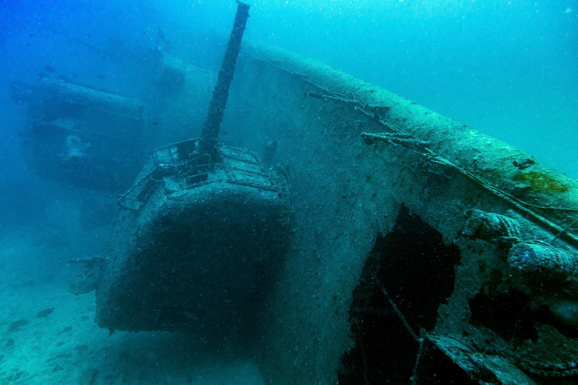 Shot of the bow guns on the sunken USS Emmons, off Kouri Island, Okinawa