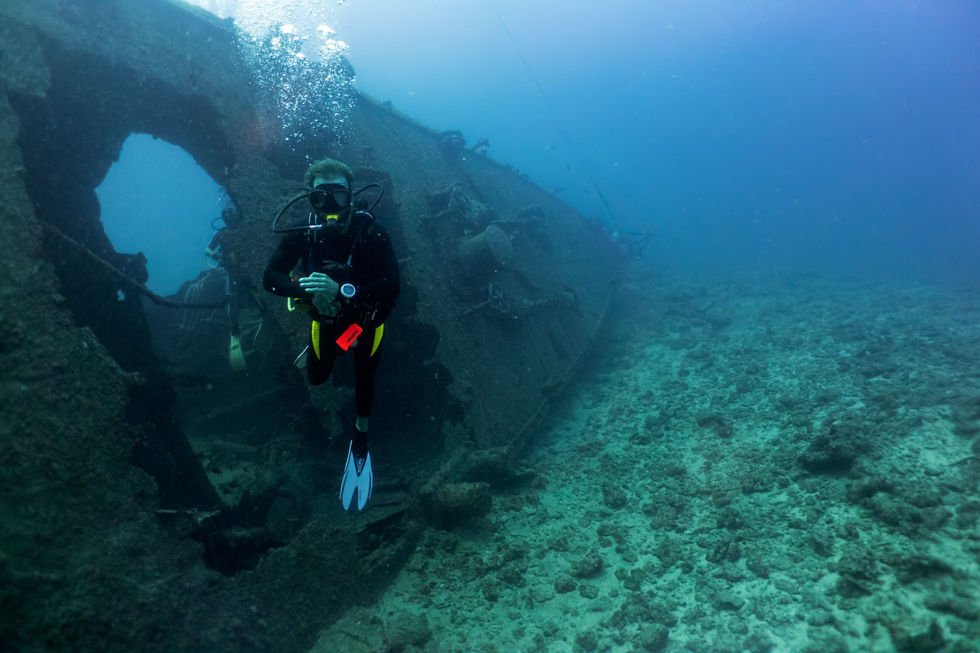 Sunken Bow of the USS Emmons in Okinawa. You can see the hole where one of the kamikaze planes hit. This part of the wreck is in 45m of water.