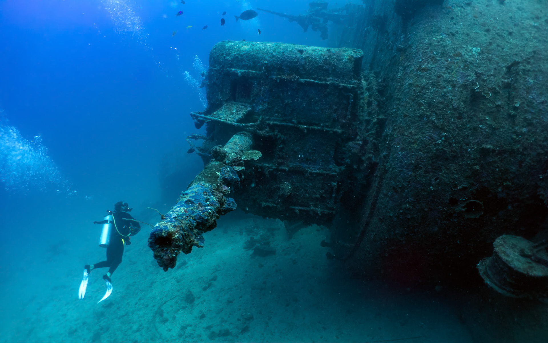 Had amazing dive today with Richard from English Empire Divers in Chatan, Okinawa.                We drove for an hour north to Kouri Island, where we caught a local boat for the ten minute ride out the ship. Resting in 45m it is an amazing dive as you can see.