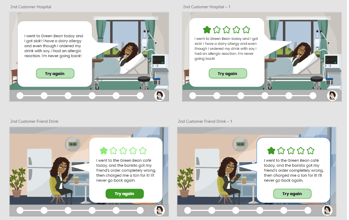 Scenario 2 designs, iterating on how to best show the negative review screens.