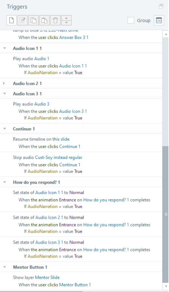 Example triggers panel, showing the conditional use of audio if AudioNarration=True.
