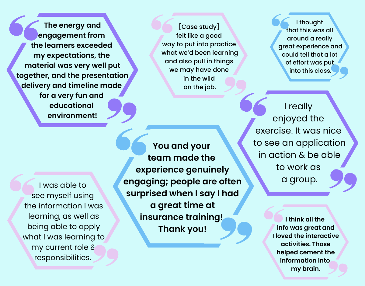 Several quotes from learners about how they enjoyed the class, found it engaging, and could apply what they learned to their roles. One SME commented that the energy and engagement exceeded expectations.