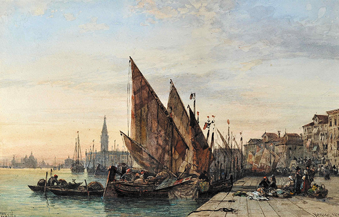 L’ATELIER D’ARTISTES / ARSINOPIA - William Wyld. Venise au point du jour, aquarelle et rehauts de gouache, localisé « Venice » et daté en bas à droite, 1874