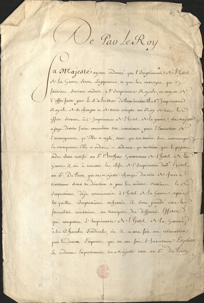 Louis XVI, Lettre supprimant l'imprimerie établie dans l'Hôtel de la Guerre à Versaille, 3 juin 1775, Bibliothèque municipale de Versailles, Panthéon versaillais Berthier. © Bibliothèque municipale de Versailles