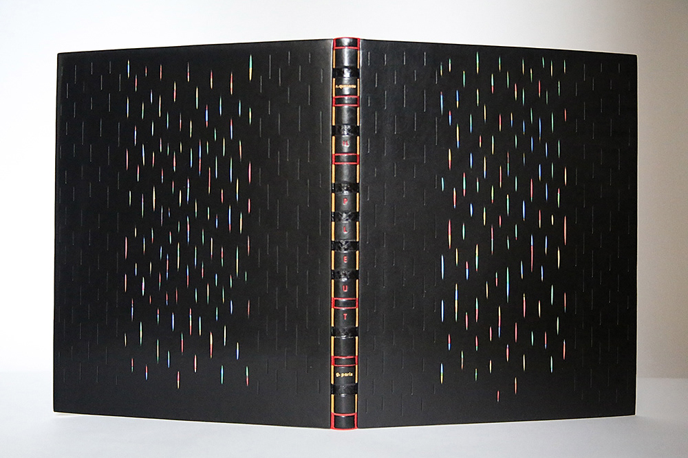 Reliure de Sylvie Frégé sur Il pleut de Raymond Queneau, illustré par Raymond Paris. Structure originale à dos flottant en box noir et anguille. Plats en box à décor d’entailles. 34 x 28 cm. © ARA France