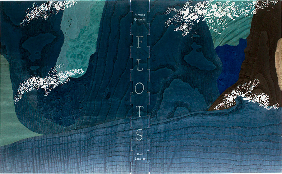 Binding by Alain Taral on “Flots” by Raymond Queneau, illustrated by Henri Landier. Original hinged pearwood structure. Composition of stained wood (ash, tulip tree, sugar maple). Inlaid title. 26.2 x 33.4 cm. © ARA France