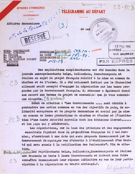 Telegram dated 24 May 1950 and signed by Hervé Alphand, Director of Economic Affairs, announcing the opening of negotiations for the Treaty establishing the European Coal and Steel Community (ECSC) in accordance with the Schuman Declaration (9 May).
