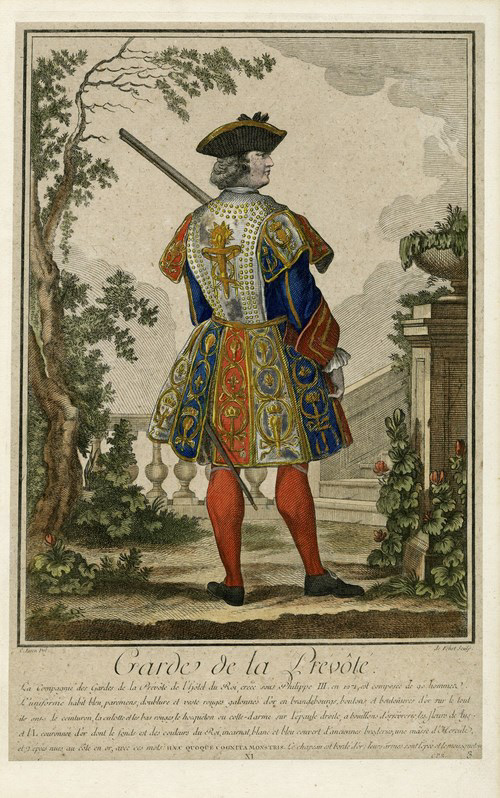 Garde de la Prévôté... / C[harles] Eisen del. ; de Fehrt sculp. – [XVIIIe s.]. – 1 est. : eau-forte, en coul. ; 34 x 22 cm (im.), 40 x 26 cm (f.). Extr. de : Nouveau recueil de troupes qui forment la Garde et Maison du Roy...