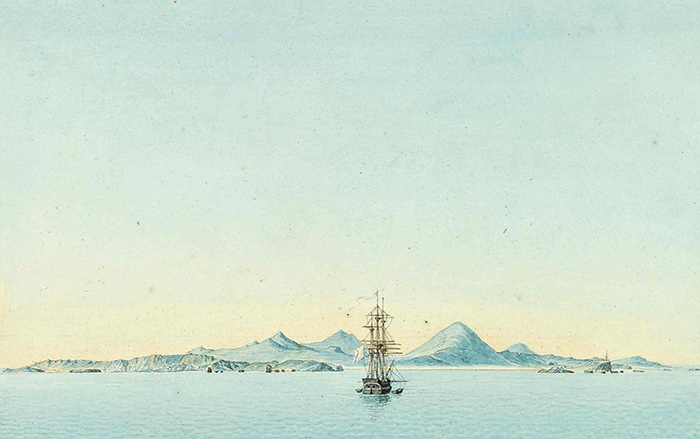 L’ATELIER D’ARTISTES / ARSINOPIA - Antoine Chazal. Vue du mouillage du Sandy-Bay sur l’île de l’Ascension. Aqua- relle et rehauts de gouache, signée en bas à droite, titrée sur le montage
