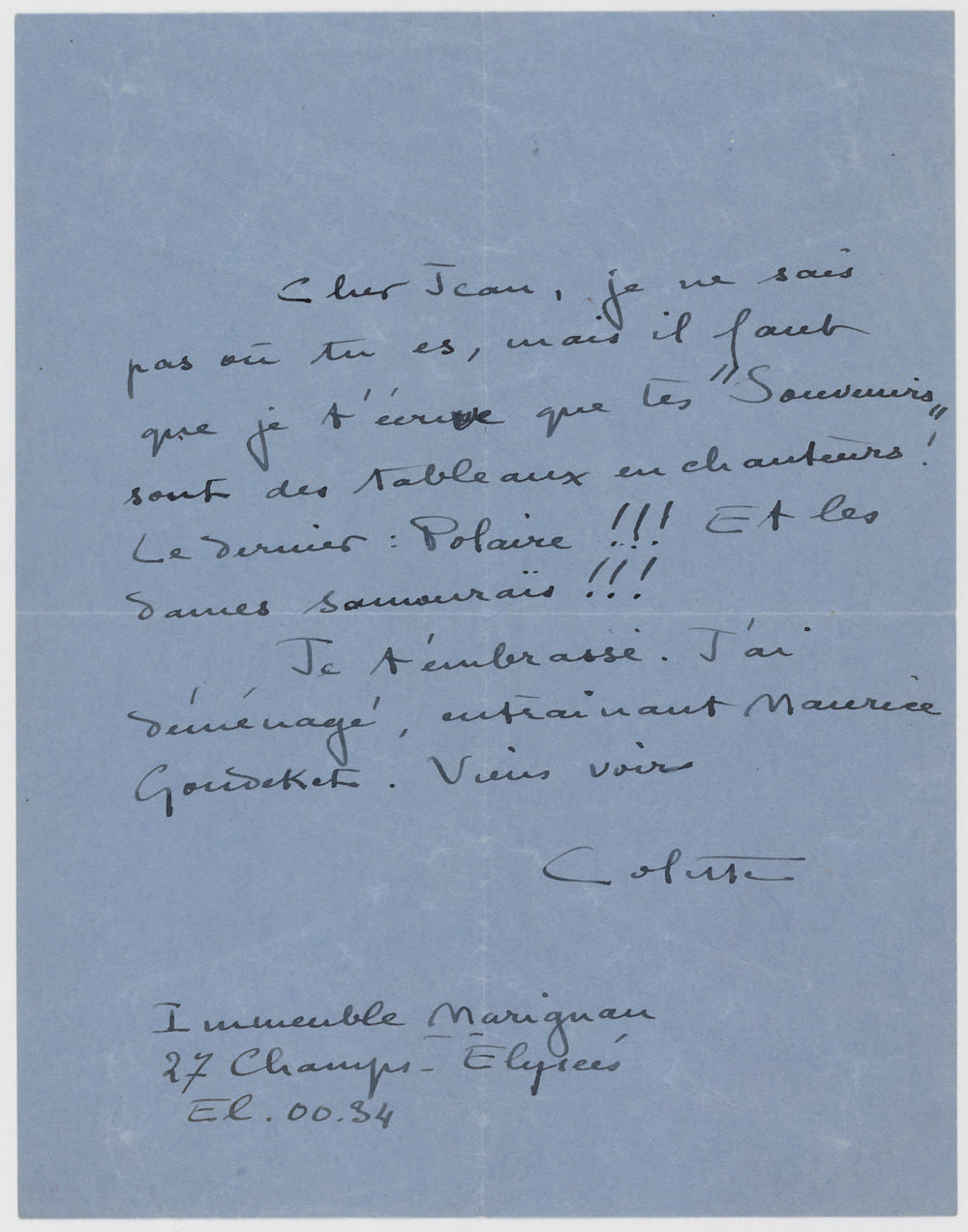 Lettre de Colette à Jean Cocteau, 1935