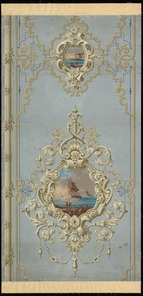 Vues maritimes en médaillons, panneau décoratif intermédiaire de papier peint, manufacture française vers 1860-1870, dessin de Victor Poterlet (1811-1889). Impression à la planche sur papier continu, fond gris lissé, 16 couleurs. 95 cm x 48 cm ©Yves Lesven/Bibliothèque Forney