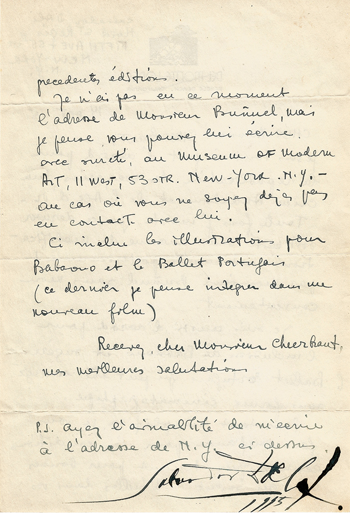 AUTOGRAPHES DES SIÈCLES - Lettre de DALI à propos de Luis Bunuel et de leur film Le Chien Andalou